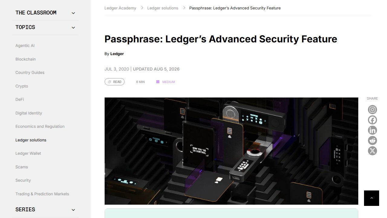 ledger.com 官方页面截图：Passphrase: Ledger's Advanced Security Feature